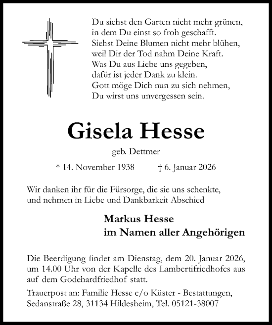Traueranzeige von Gisela Hesse von Hildesheimer Allgemeine Zeitung