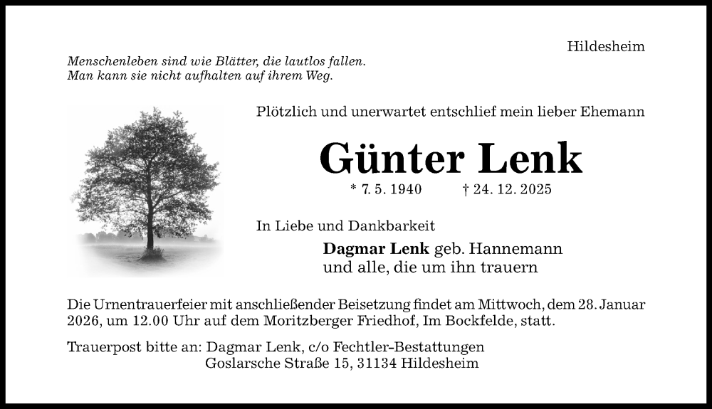  Traueranzeige für Günter Lenk vom 17.01.2026 aus Hildesheimer Allgemeine Zeitung