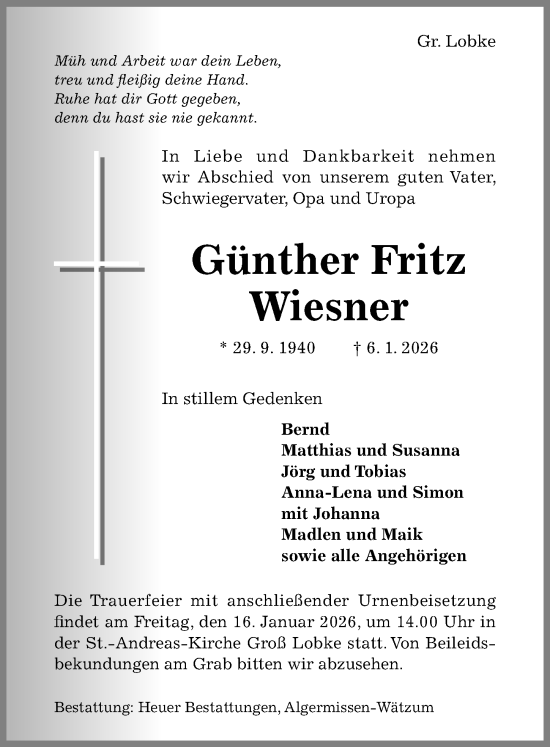 Traueranzeige von Günther Fritz Wiesner von Hildesheimer Allgemeine Zeitung