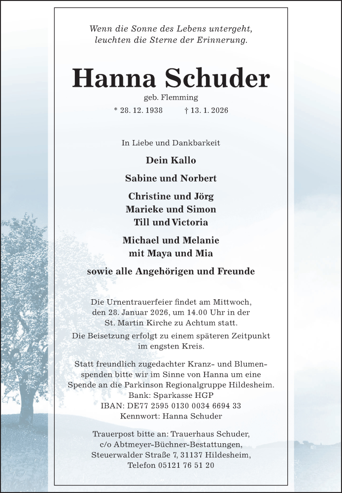  Traueranzeige für Hanna Schuder vom 21.01.2026 aus Hildesheimer Allgemeine Zeitung