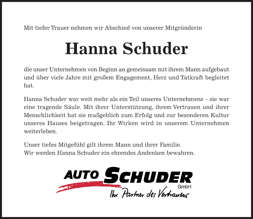  Traueranzeige für Hanna Schuder vom 21.01.2026 aus Hildesheimer Allgemeine Zeitung