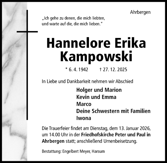 Traueranzeige von Hannelore Erika Kampowski von Hildesheimer Allgemeine Zeitung