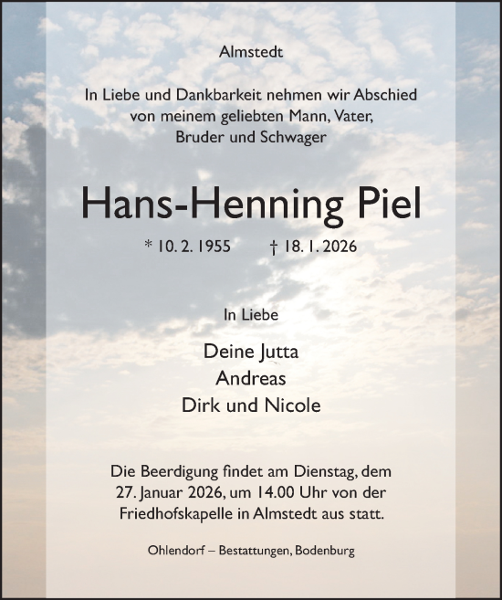 Traueranzeige von Hans-Henning Piel von Hildesheimer Allgemeine Zeitung