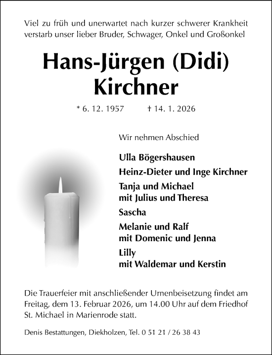 Traueranzeige von Hans-Jürgen Kirchner von Hildesheimer Allgemeine Zeitung