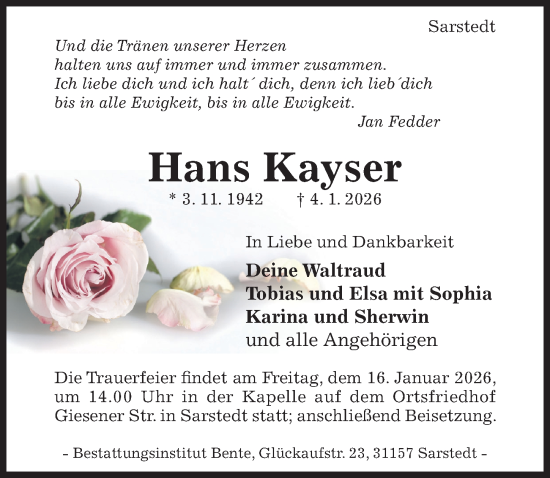 Traueranzeige von Hans Kayser von Hildesheimer Allgemeine Zeitung