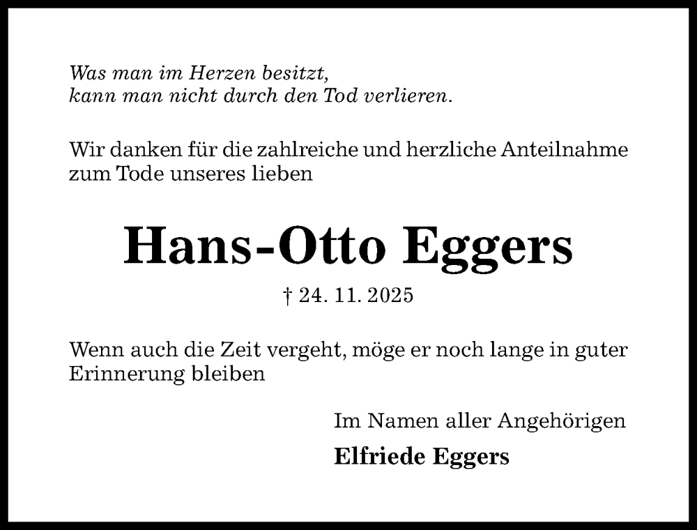  Traueranzeige für Hans-Otto Eggers vom 07.01.2026 aus Hildesheimer Allgemeine Zeitung
