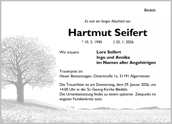Traueranzeige von Hartmut Seifert von Hildesheimer Allgemeine Zeitung