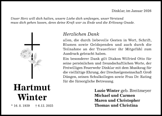 Traueranzeige von Hartmut Winter von Hildesheimer Allgemeine Zeitung