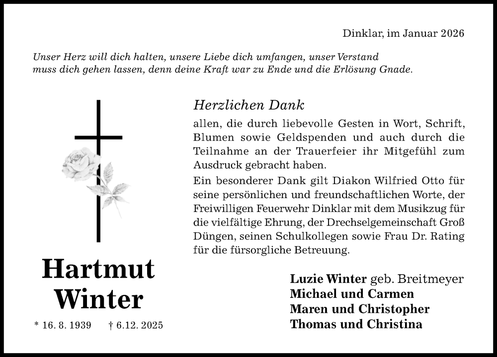  Traueranzeige für Hartmut Winter vom 21.01.2026 aus Hildesheimer Allgemeine Zeitung
