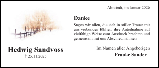 Traueranzeige von Hedwig Sandvoss von Hildesheimer Allgemeine Zeitung