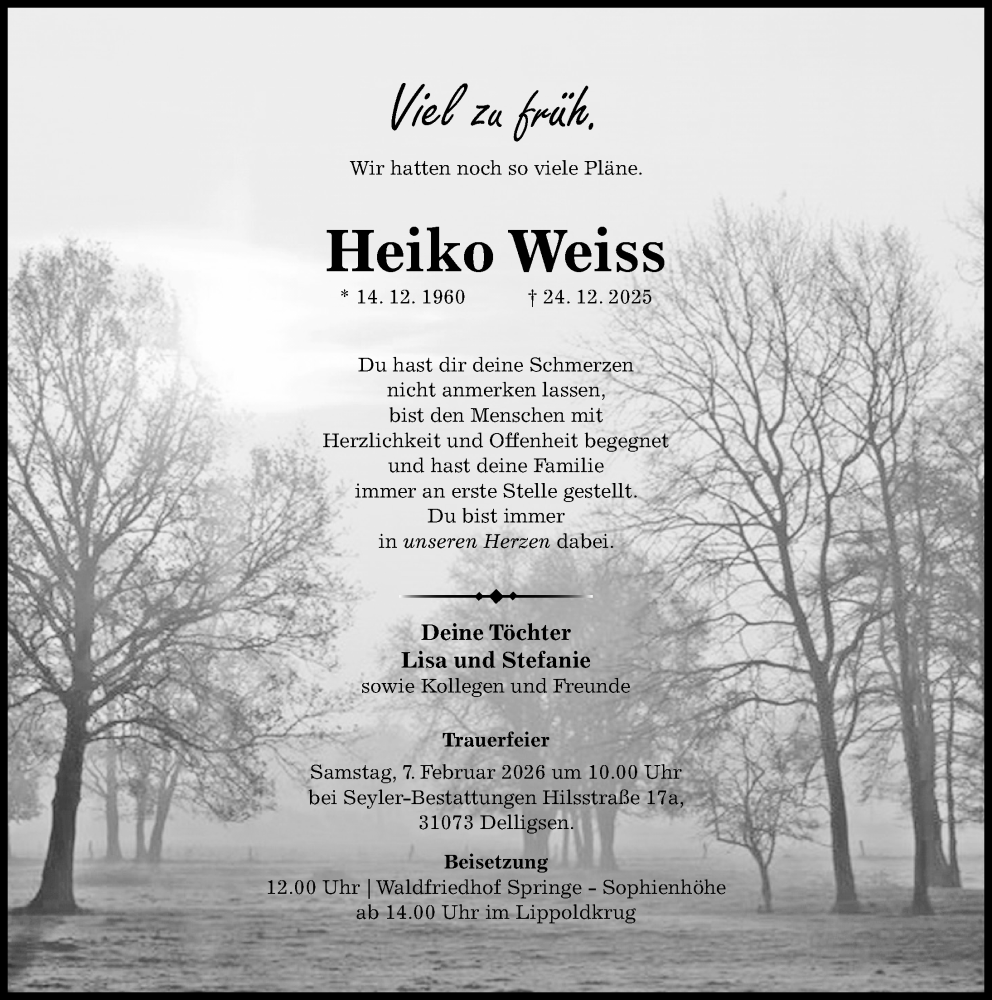  Traueranzeige für Heiko Weiss vom 31.01.2026 aus Hildesheimer Allgemeine Zeitung