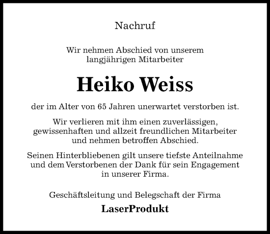 Traueranzeige von Heiko Weiss von Hildesheimer Allgemeine Zeitung