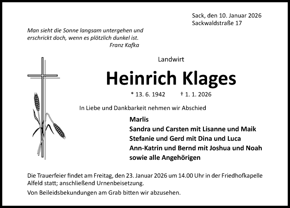  Traueranzeige für Heinrich Klages vom 10.01.2026 aus Hildesheimer Allgemeine Zeitung