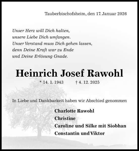 Traueranzeige von Heinrich Josef Rawohl von Hildesheimer Allgemeine Zeitung