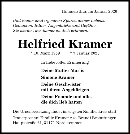 Traueranzeige von Helfried Kramer von Hildesheimer Allgemeine Zeitung