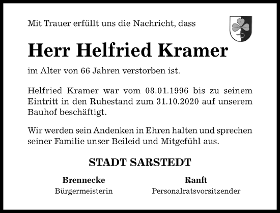 Traueranzeige von Helfried Kramer von Hildesheimer Allgemeine Zeitung