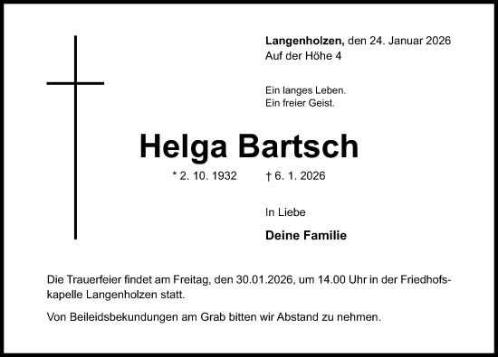 Traueranzeige von Helga Bartsch von Hildesheimer Allgemeine Zeitung