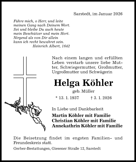 Traueranzeige von Helga Köhler von Hildesheimer Allgemeine Zeitung