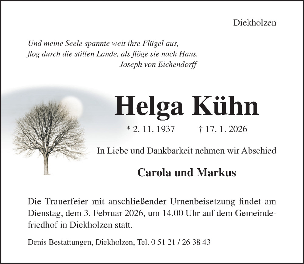  Traueranzeige für Helga Kühn vom 28.01.2026 aus Hildesheimer Allgemeine Zeitung