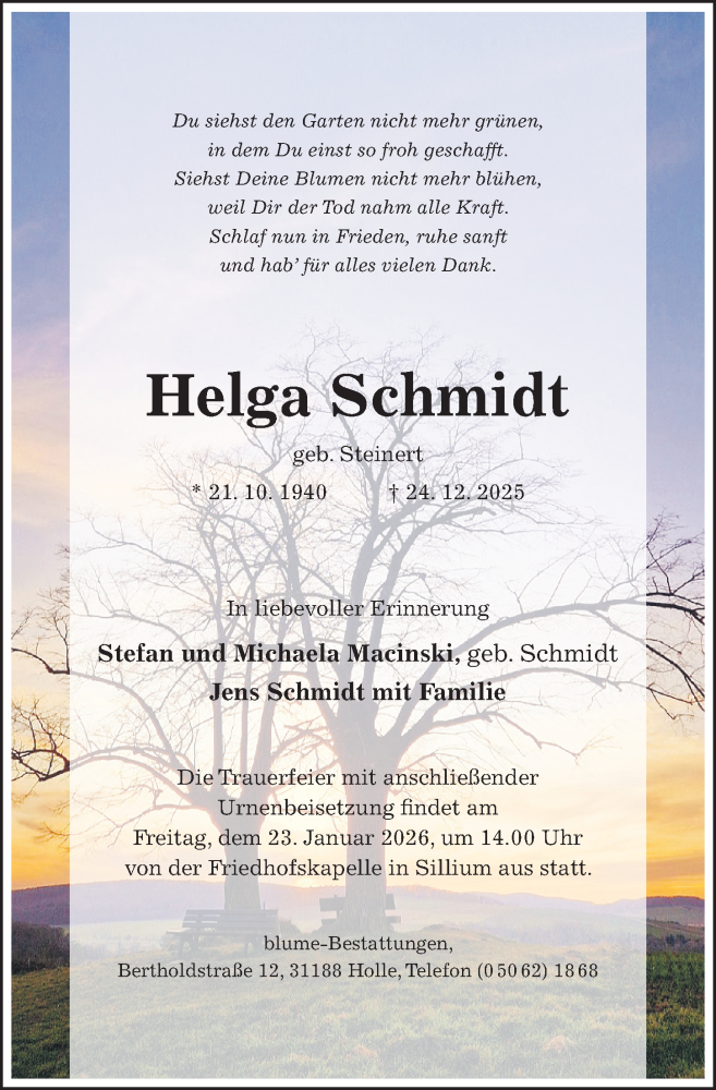  Traueranzeige für Helga Schmidt vom 14.01.2026 aus Hildesheimer Allgemeine Zeitung