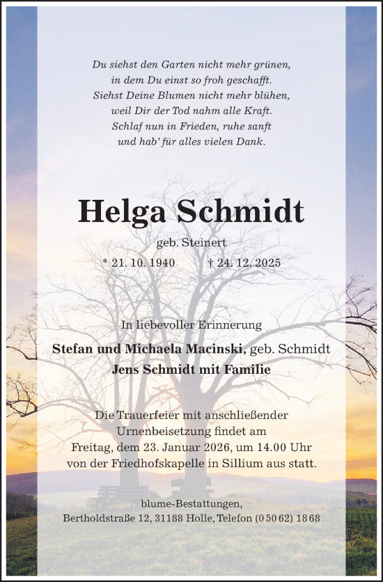 Traueranzeige von Helga Schmidt von Hildesheimer Allgemeine Zeitung