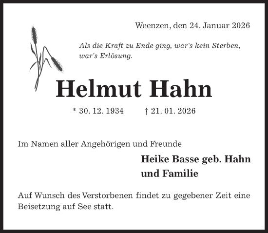 Traueranzeige von Helmut Hahn von Hildesheimer Allgemeine Zeitung