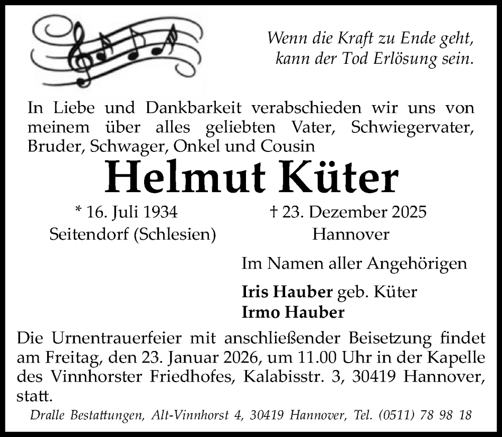  Traueranzeige für Helmut Küter vom 17.01.2026 aus Hildesheimer Allgemeine Zeitung