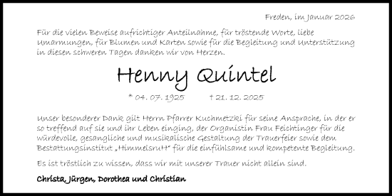 Traueranzeige von Henny Quintel von Hildesheimer Allgemeine Zeitung