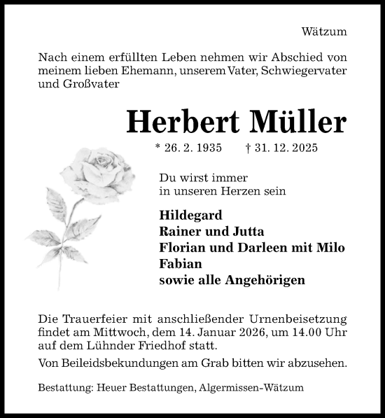 Traueranzeige von Herbert Müller von Hildesheimer Allgemeine Zeitung