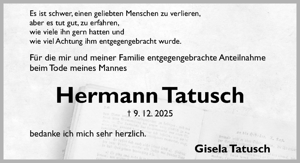  Traueranzeige für Hermann Tatusch vom 31.01.2026 aus Hildesheimer Allgemeine Zeitung
