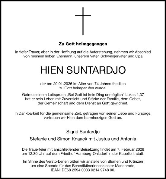 Traueranzeige von Hien Suntardjo von Hildesheimer Allgemeine Zeitung
