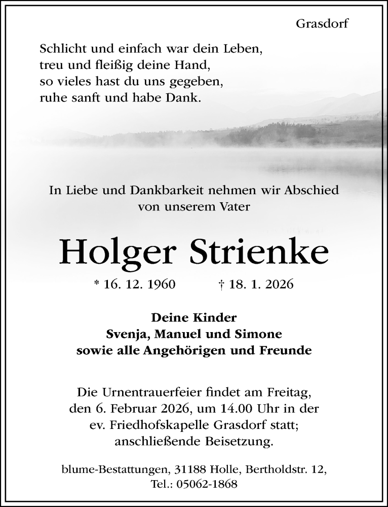  Traueranzeige für Holger Strienke vom 31.01.2026 aus Hildesheimer Allgemeine Zeitung