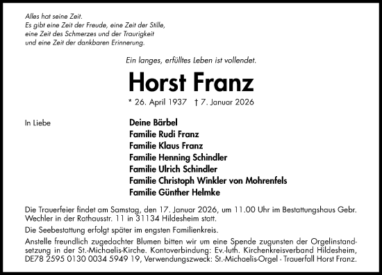 Traueranzeige von Horst Franz von Hildesheimer Allgemeine Zeitung