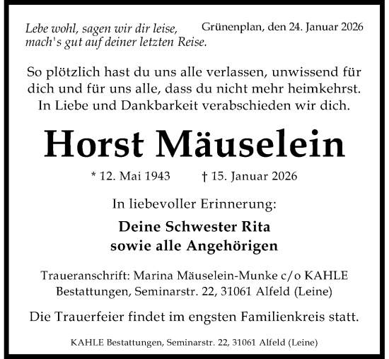 Traueranzeige von Horst Mäuselein von Hildesheimer Allgemeine Zeitung
