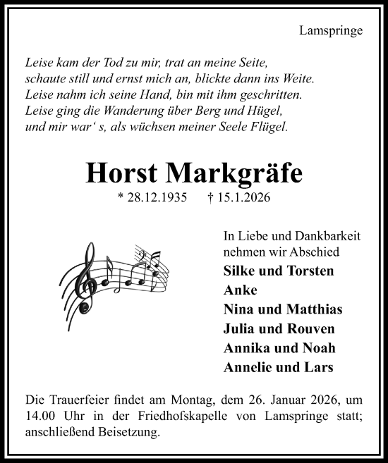 Traueranzeige von Horst Markgräfe von Hildesheimer Allgemeine Zeitung