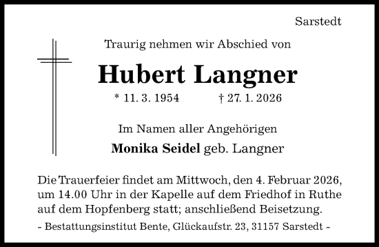 Traueranzeige von Hubert Langner von Hildesheimer Allgemeine Zeitung