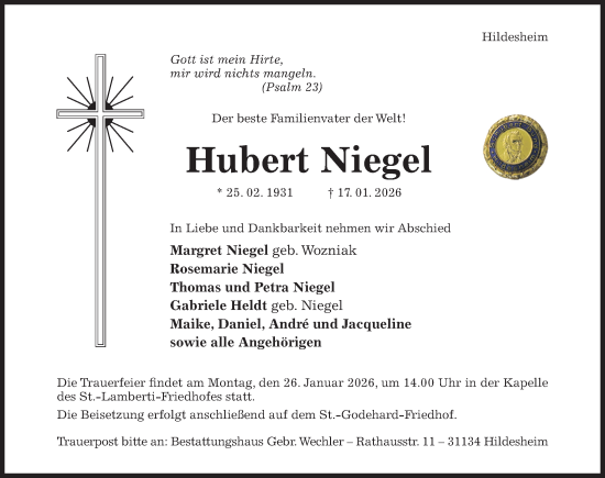 Traueranzeige von Hubert Niegel von Hildesheimer Allgemeine Zeitung