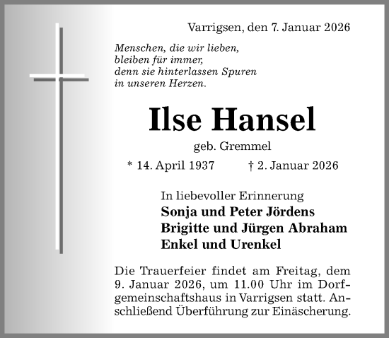 Traueranzeige von Ilse Hansel von Hildesheimer Allgemeine Zeitung
