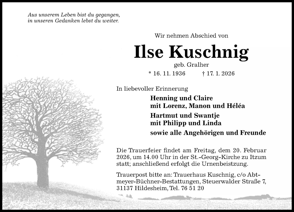  Traueranzeige für Ilse Kuschnig vom 31.01.2026 aus Hildesheimer Allgemeine Zeitung