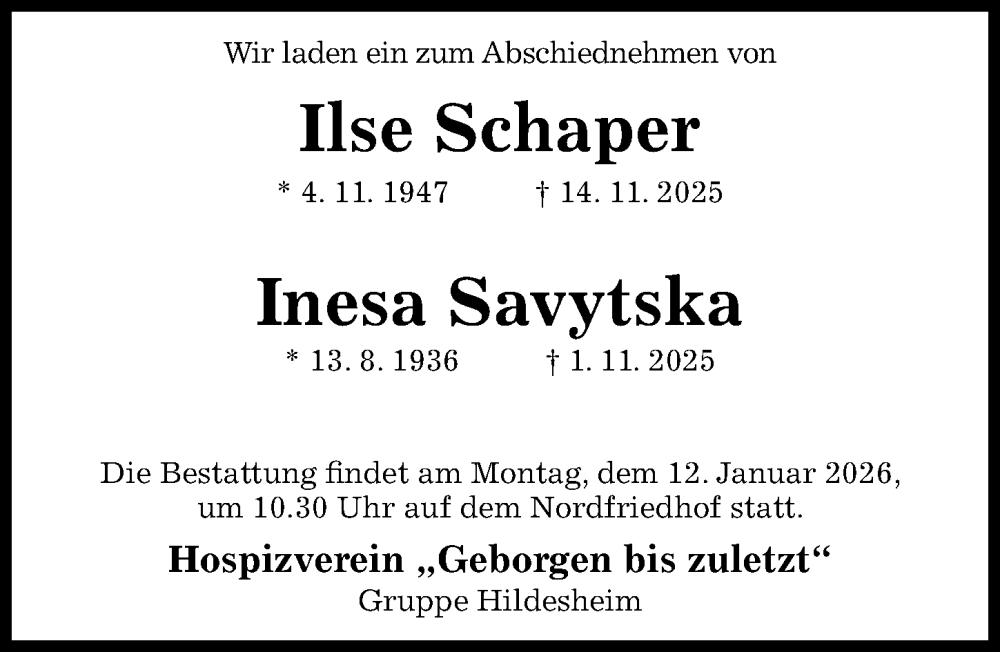  Traueranzeige für Ilse Schaper vom 10.01.2026 aus Hildesheimer Allgemeine Zeitung