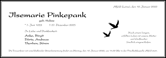 Traueranzeige von Ilsemarie Pinkepank von Hildesheimer Allgemeine Zeitung