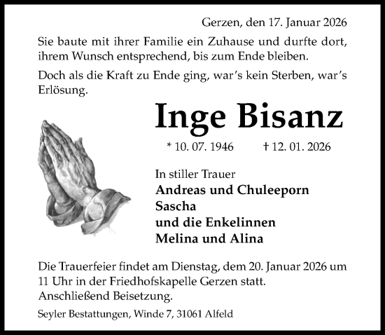 Traueranzeige von Inge Bisanz von Hildesheimer Allgemeine Zeitung