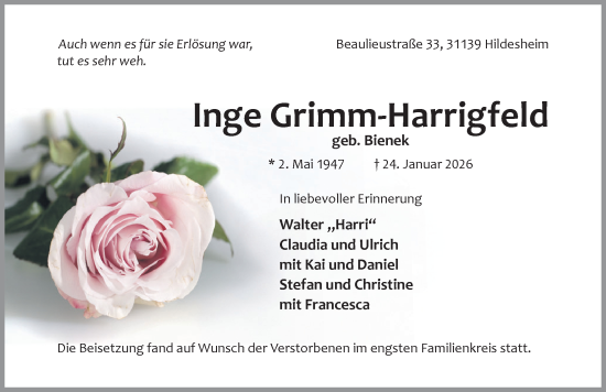 Traueranzeige von Inge Grimm-Harrigfeld von Hildesheimer Allgemeine Zeitung
