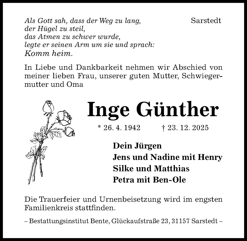  Traueranzeige für Inge Günther vom 10.01.2026 aus Hildesheimer Allgemeine Zeitung