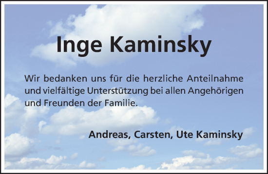 Traueranzeige von Inge Kaminsky von Hildesheimer Allgemeine Zeitung