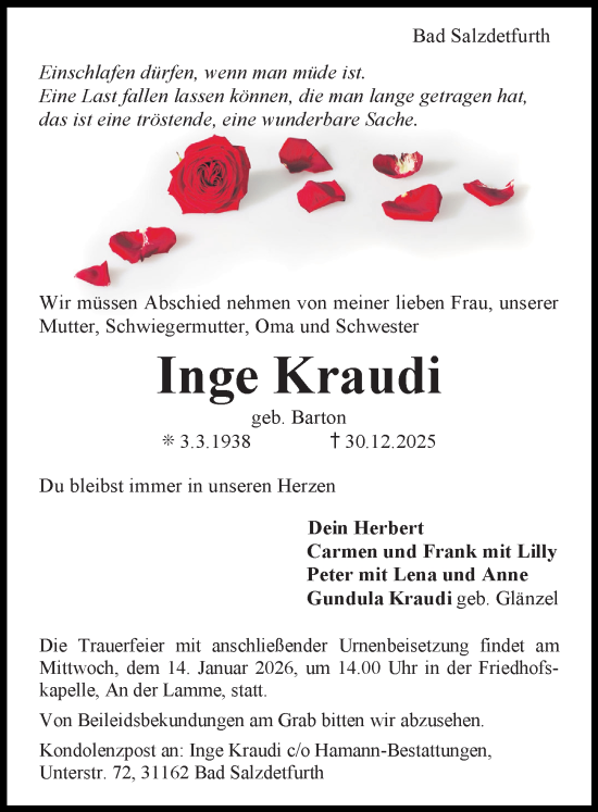 Traueranzeige von Inge Kraudi von Hildesheimer Allgemeine Zeitung