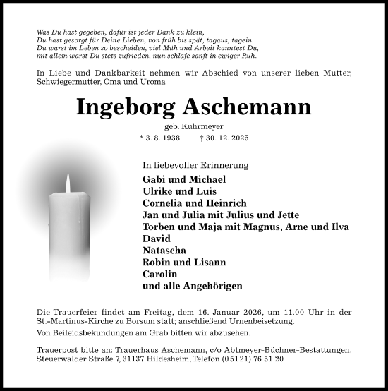 Traueranzeige von Ingeborg Aschemann von Hildesheimer Allgemeine Zeitung
