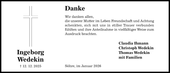 Traueranzeige von Ingeborg Wedekin von Hildesheimer Allgemeine Zeitung