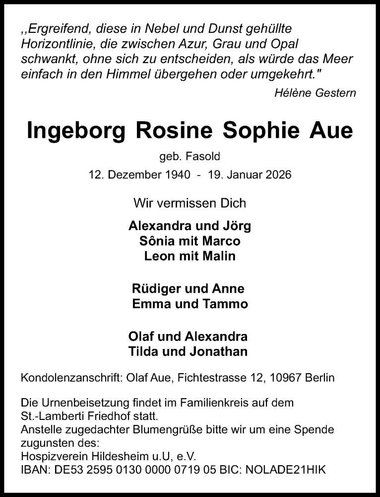  Traueranzeige für Ingeborg Rosine Sophie Aue vom 31.01.2026 aus Hildesheimer Allgemeine Zeitung