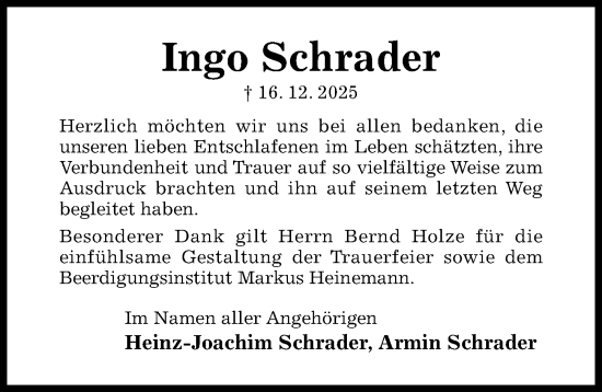 Traueranzeige von Ingo Schrader von Hildesheimer Allgemeine Zeitung